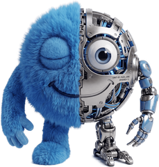 The hYYa ai mascot &mdash; half blue fur, half machine: the two engines in one character