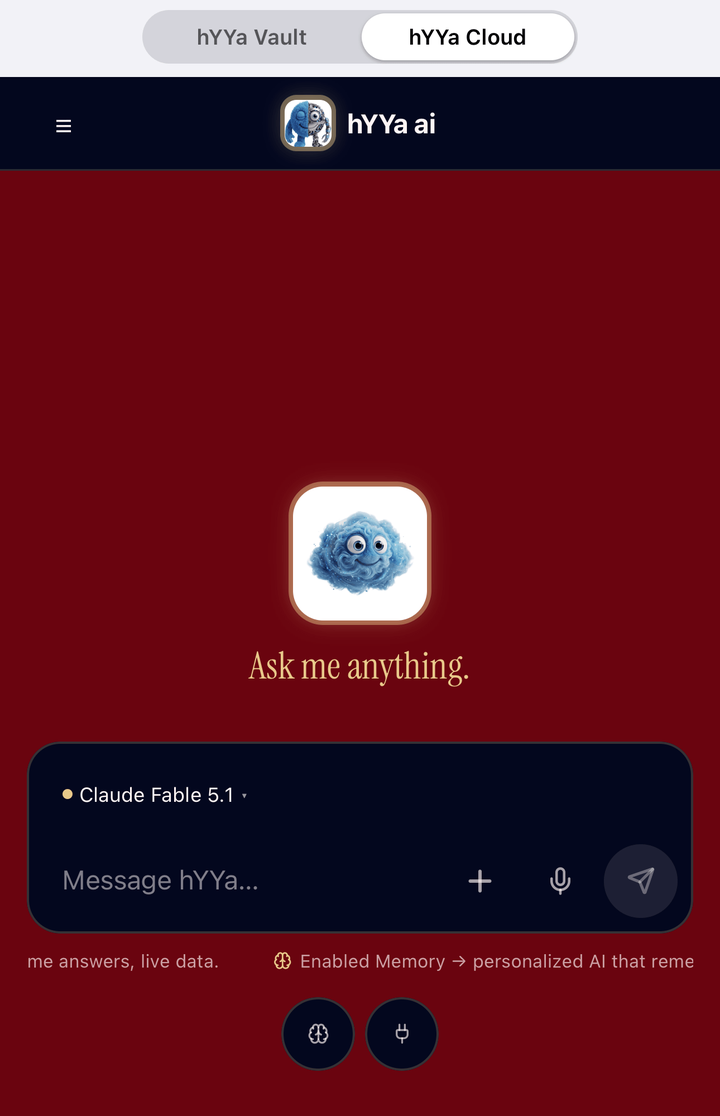 The same hYYa ai composer on an iPhone with the hYYa Cloud engine selected, on a deep wine screen, showing a frontier model chip and the microphone that only hYYa Cloud has.