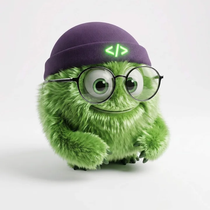 The hYYa Dev mascot — a friendly green hYYa companion in a purple code-logo beanie and round glasses