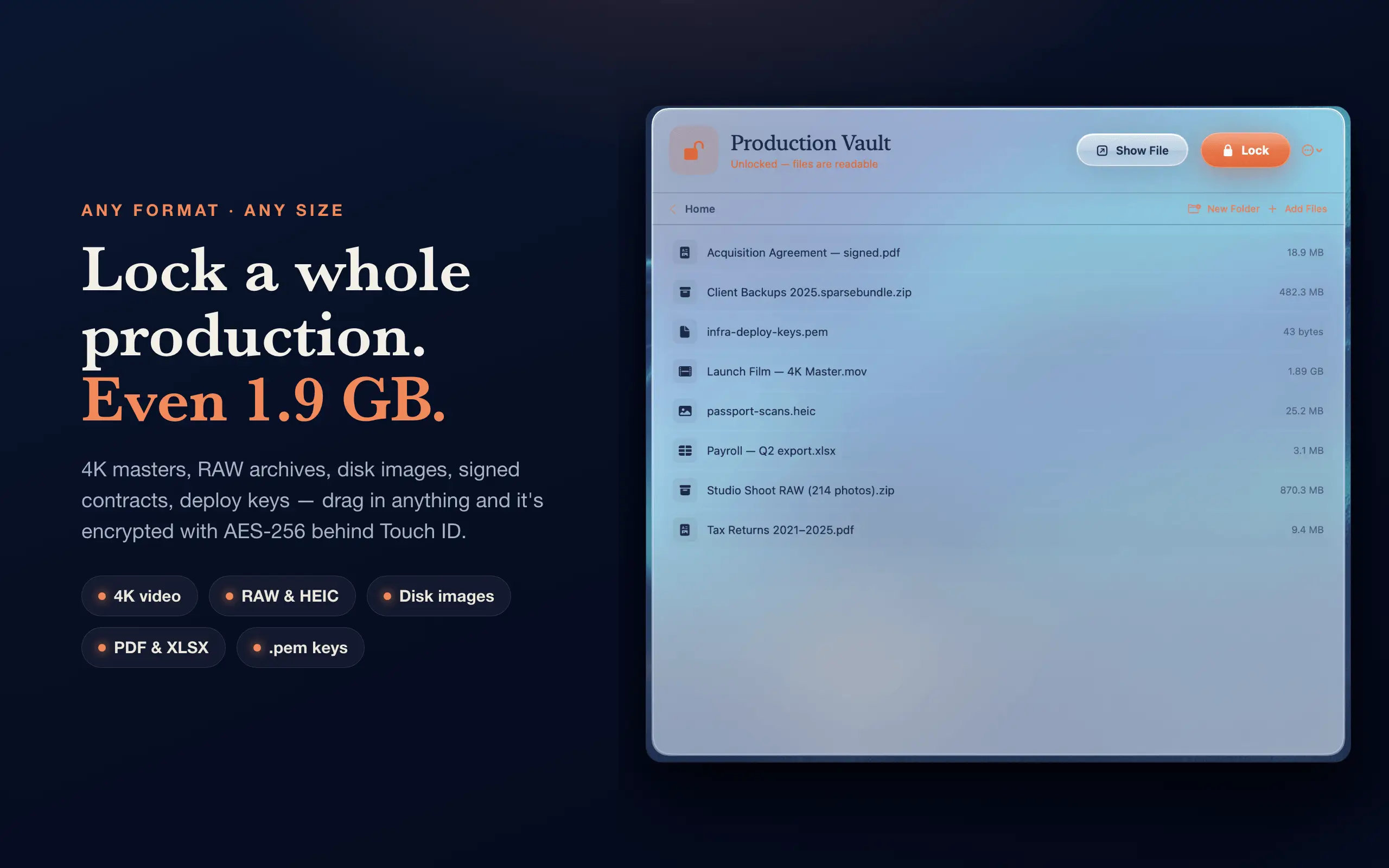 An unlocked vault in hYYa Encrypted Folder listing mixed files — signed PDFs, a multi-gigabyte 4K master, RAW photo archives, disk images and .pem keys — with a Lock button