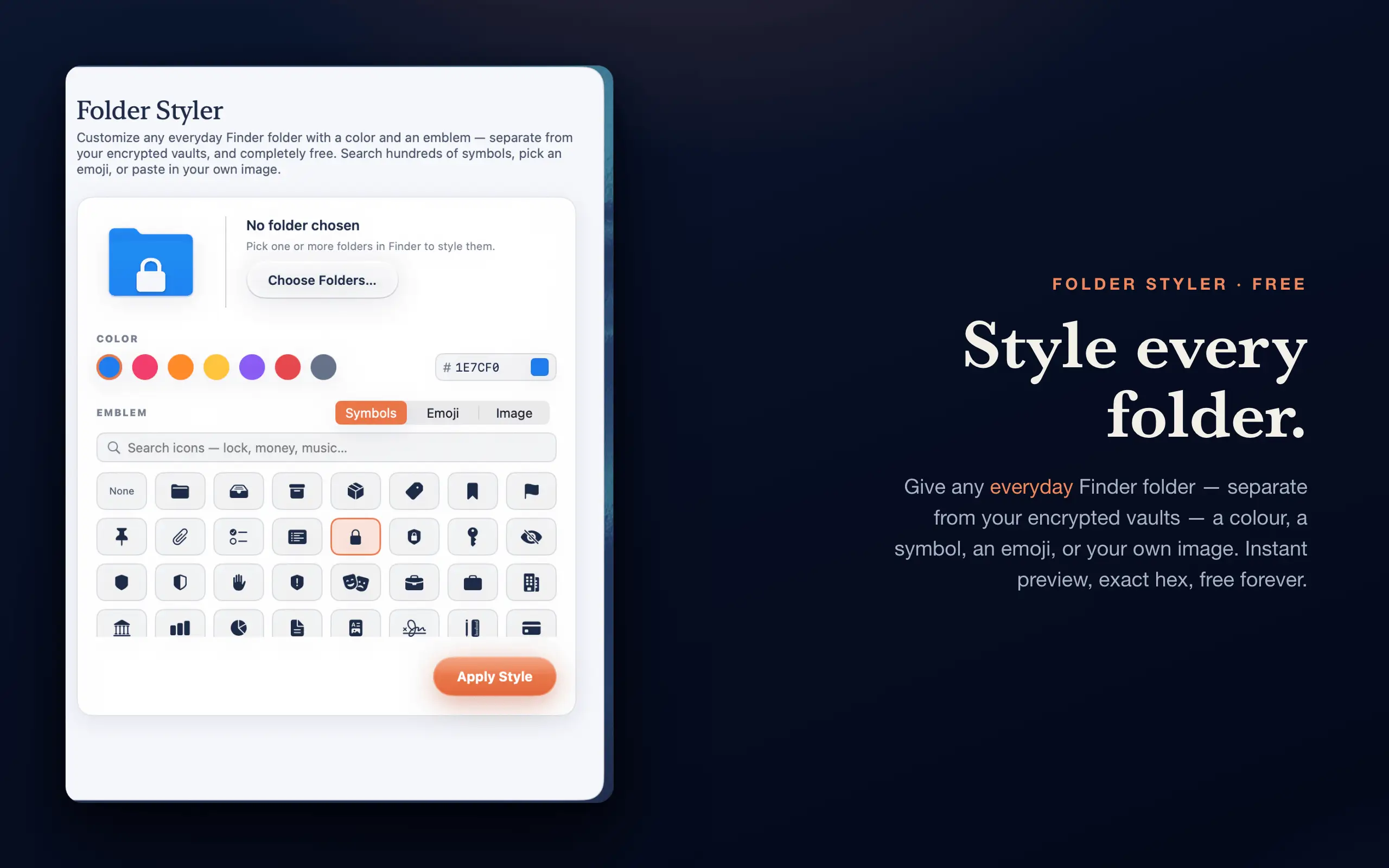The Folder Styler panel in hYYa Encrypted Folder — colour swatches, an exact hex field, and a grid of symbol, emoji and image emblems for styling everyday Finder folders
