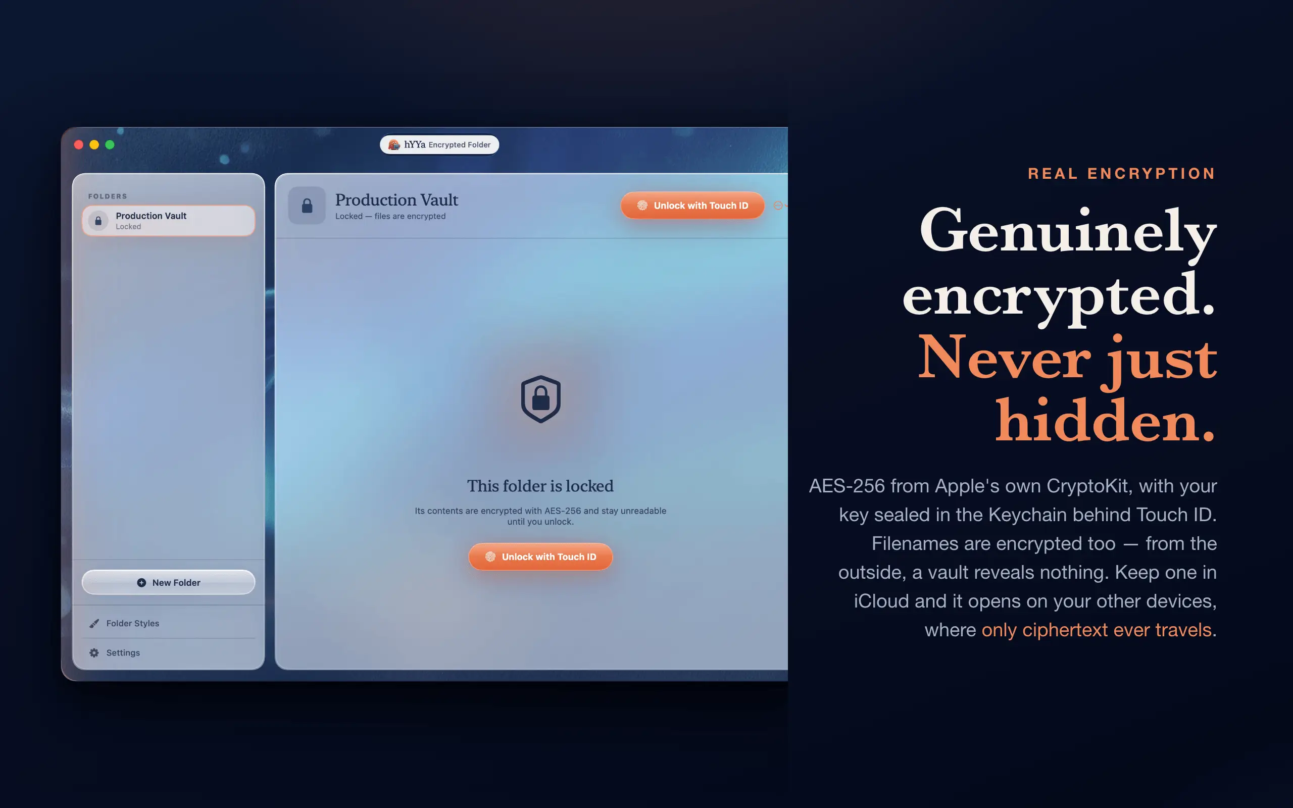 A locked vault in hYYa Encrypted Folder — the contents are encrypted with AES-256 and stay unreadable until unlocked with Touch ID