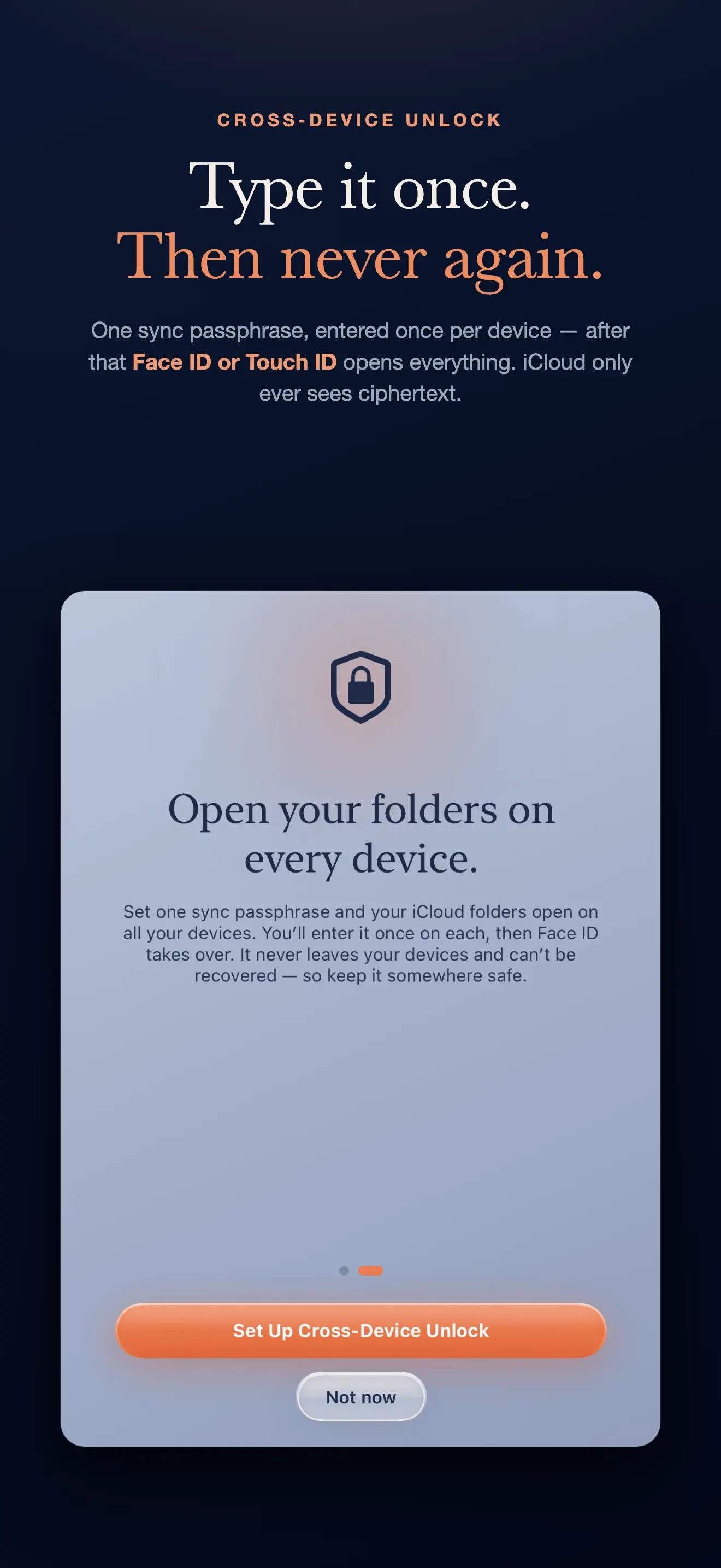 Cross-device unlock setup in hYYa Encrypted Folder on iPhone — one sync passphrase, entered once per device, opens the folders you keep in iCloud on your other devices