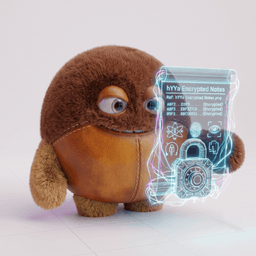 hYYa Encrypted Notes app icon — a chestnut mascot in a leather bib holding a glowing holographic panel of encrypted lines