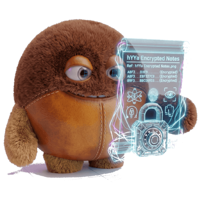 hYYa Encrypted Notes — the mascot holding a padlocked notepad marked Confidential Notes