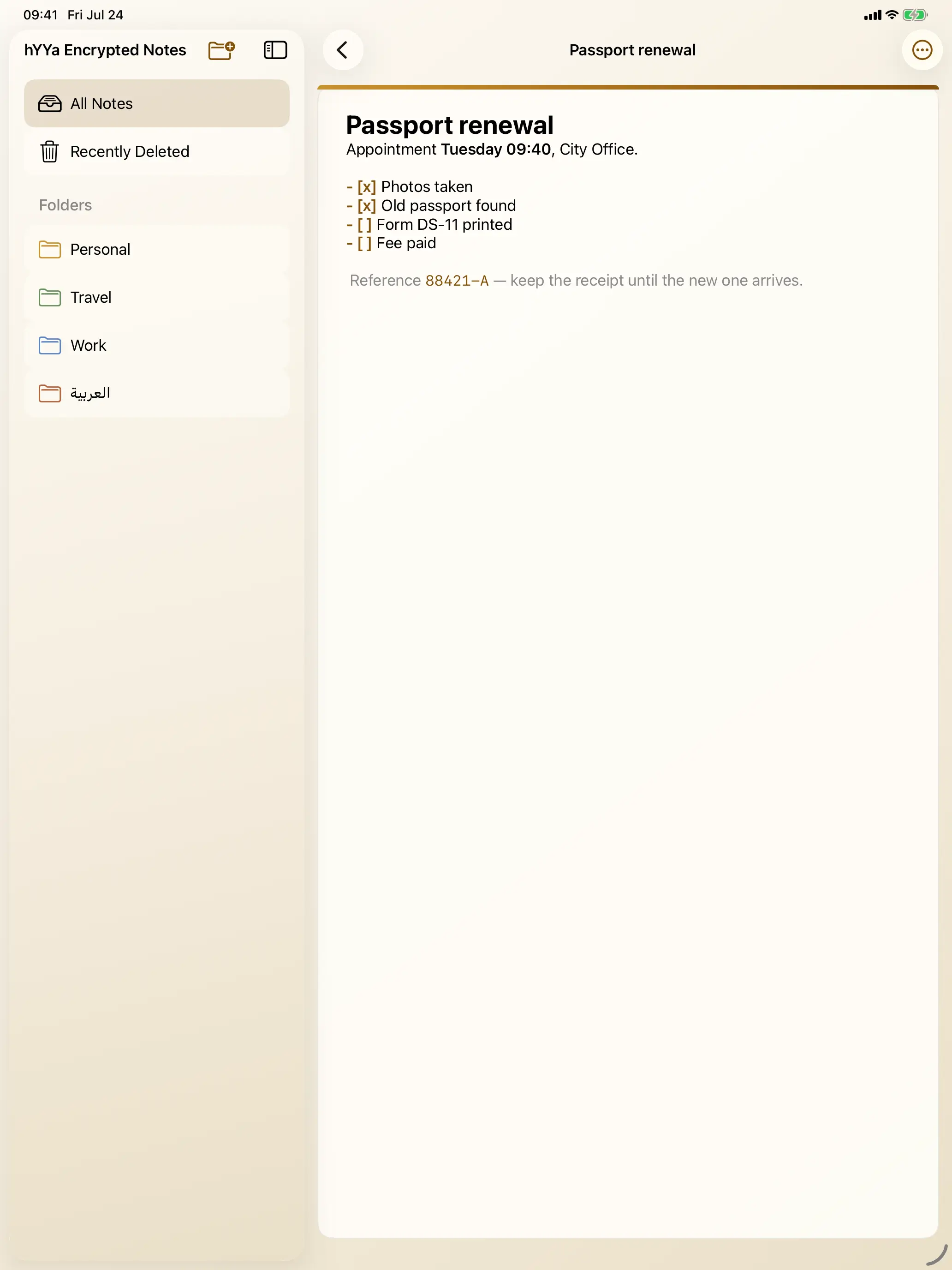 hYYa Encrypted Notes on iPad — the folder sidebar on the left beside a note titled Passport renewal open in the editor on the right
