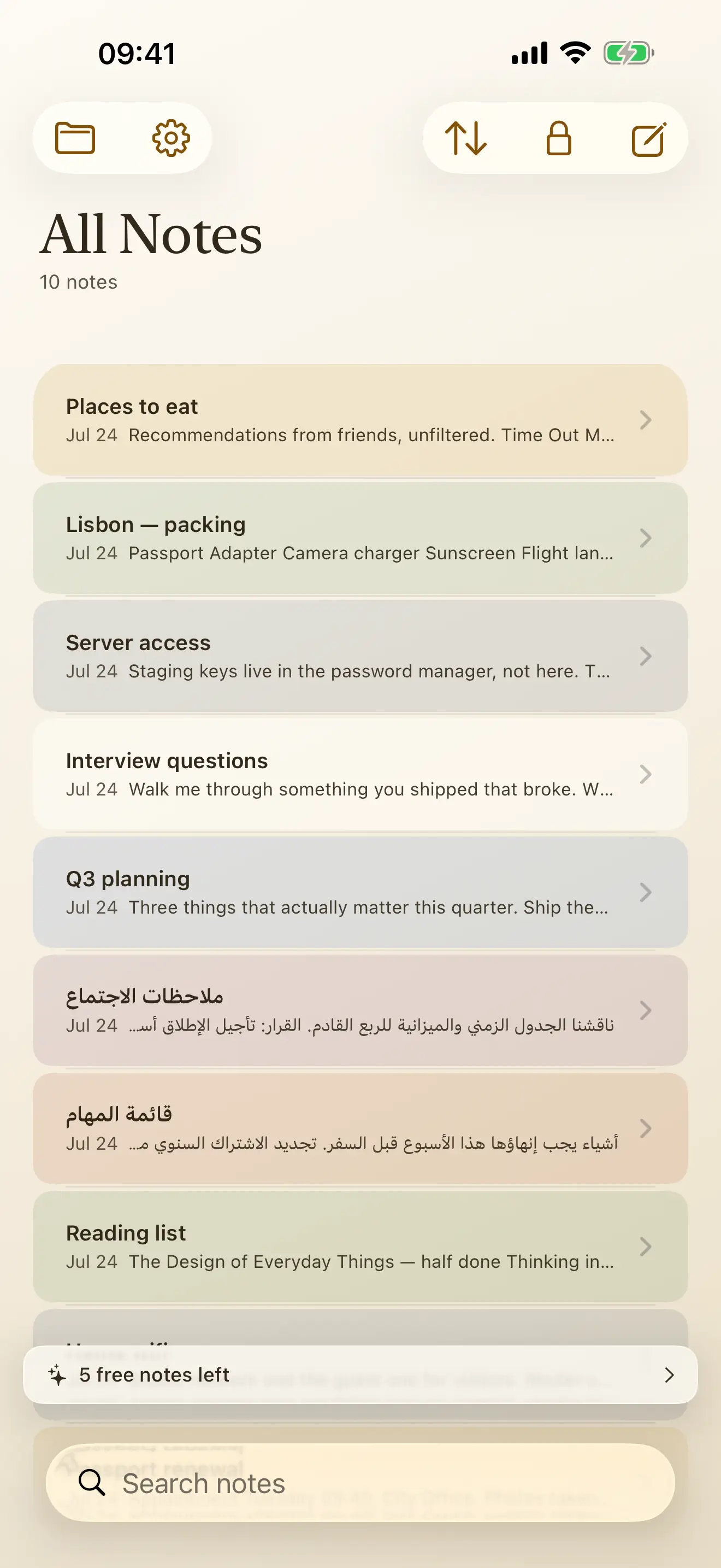 hYYa Encrypted Notes on iPhone — the All Notes list showing ten notes with titles and previews, a chip reading five free notes left, and a search field at the bottom