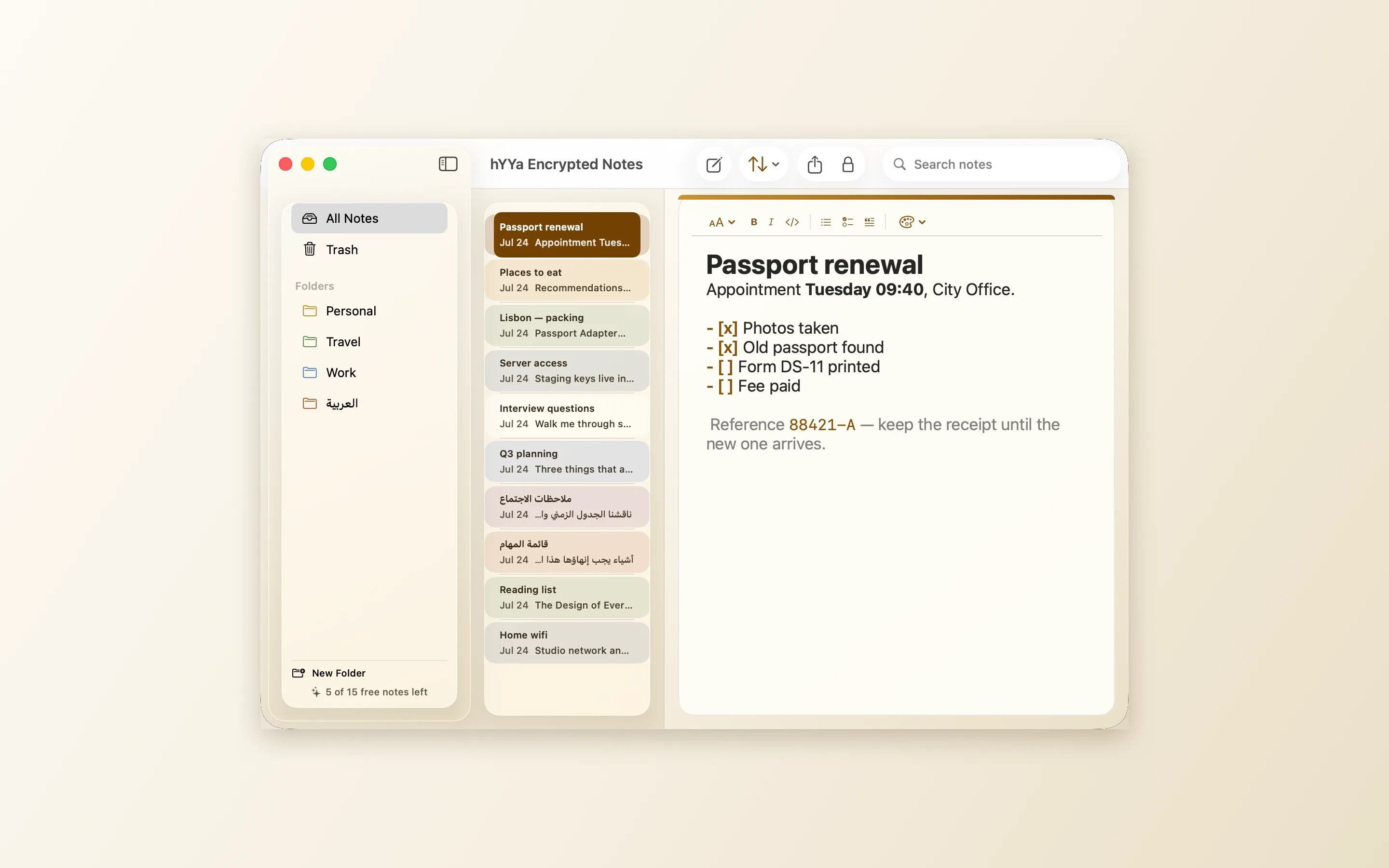 The hYYa Encrypted Notes editor on macOS showing a note titled Passport renewal, with a bold heading, bold inline text and a four-item checklist, above a formatting toolbar