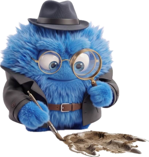 The hYYa Footprint Inspector detective &mdash; a blue furry mascot in a fedora, glasses and a coat, holding a magnifying glass over a footprint