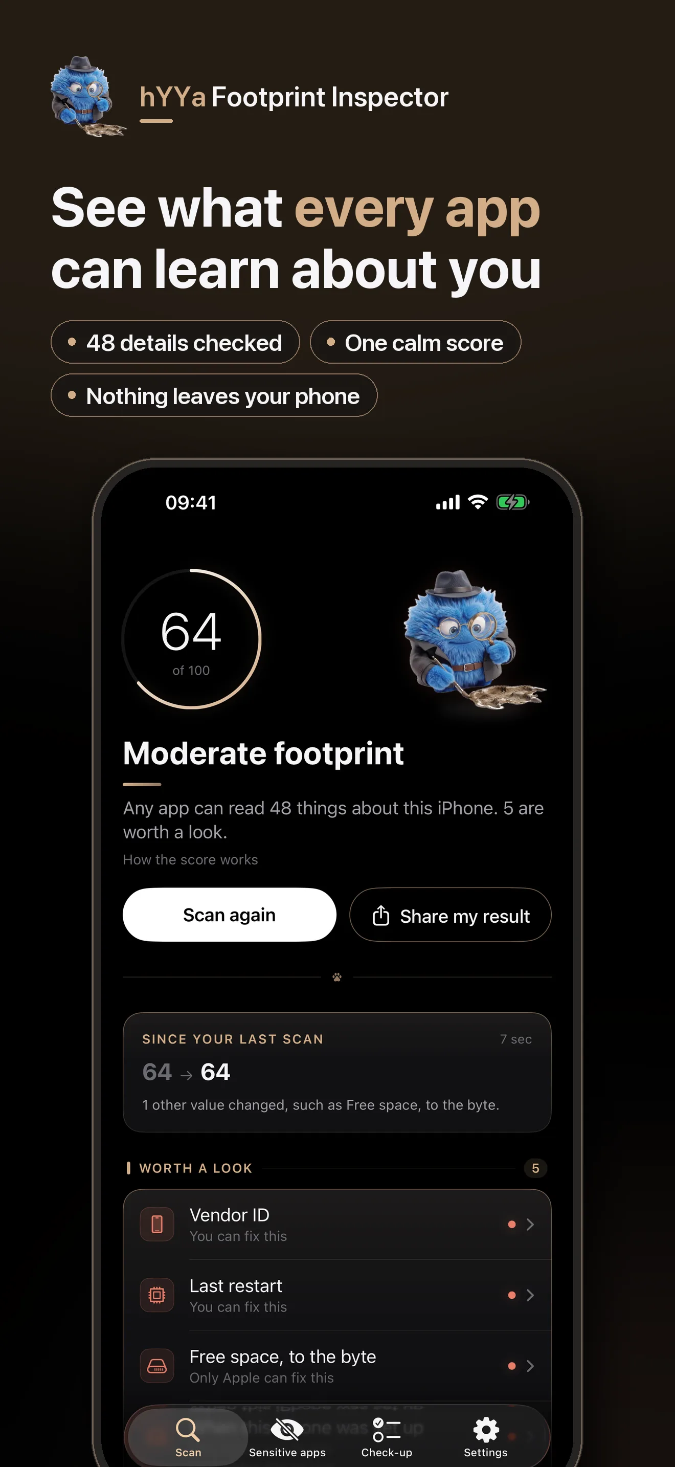 hYYa Footprint Inspector on iPhone &mdash; a footprint score of 64 out of 100, Moderate footprint, with the details worth a look listed below