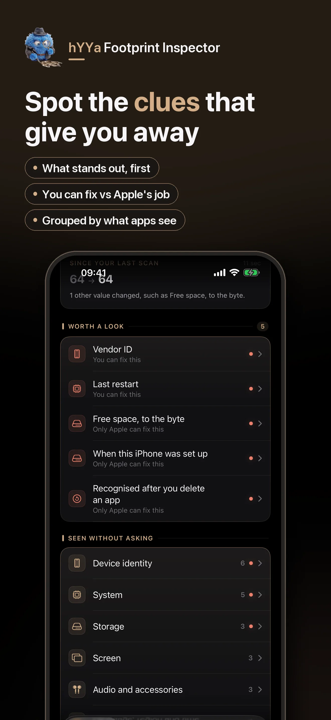 The clues any app can read without asking, grouped under device identity, system, storage, screen and audio