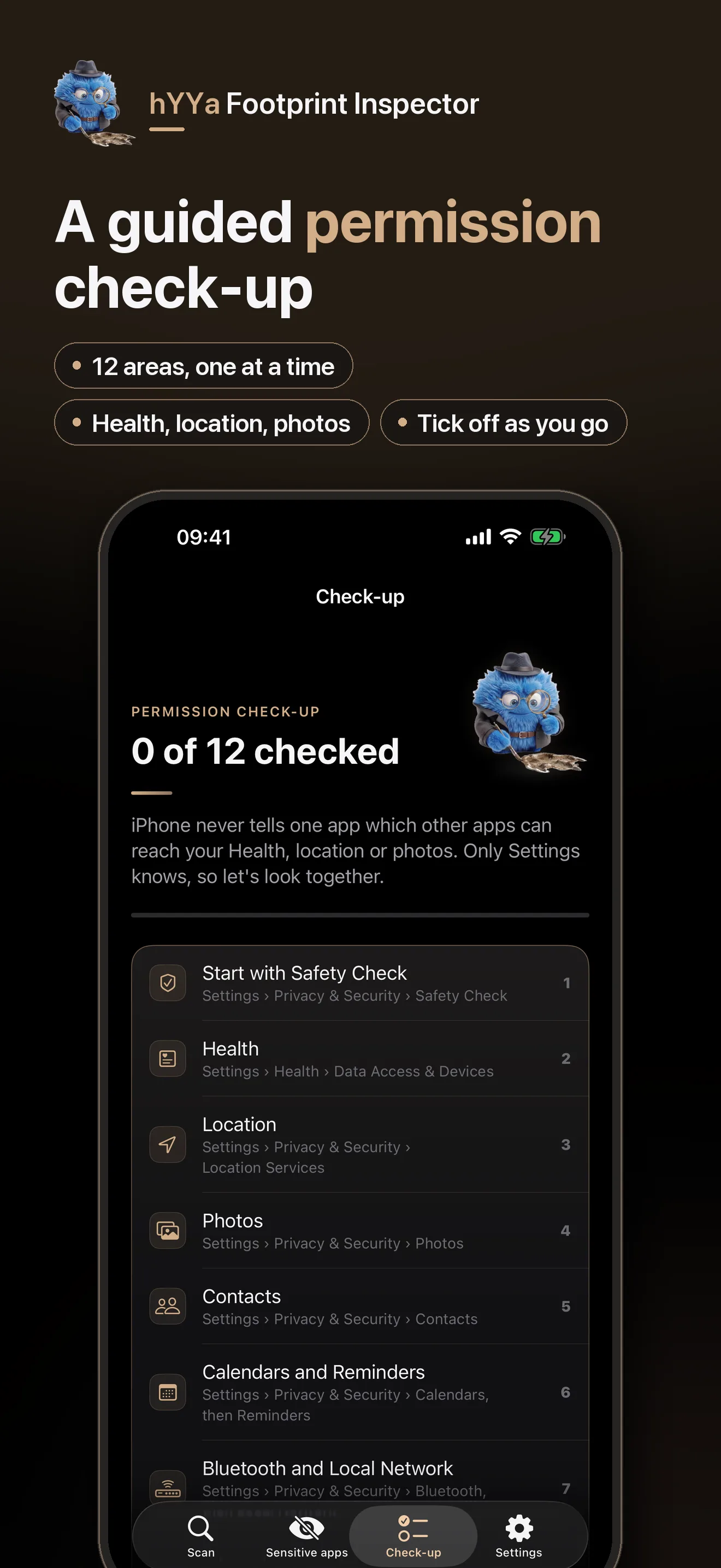The permission check-up &mdash; twelve areas of Settings, starting with Safety Check, ticked off one at a time