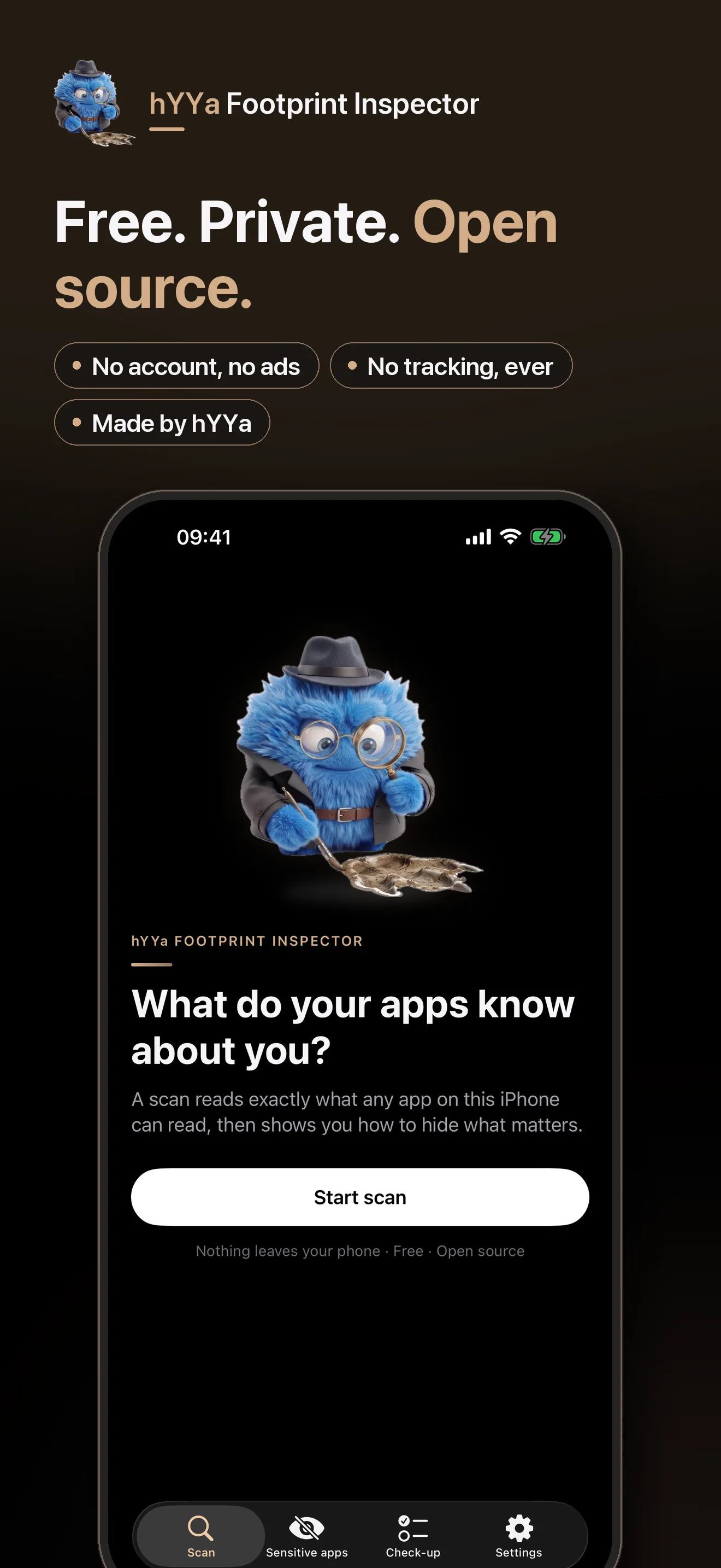 The start screen &mdash; the detective asks What do your apps know about you, with a Start scan button