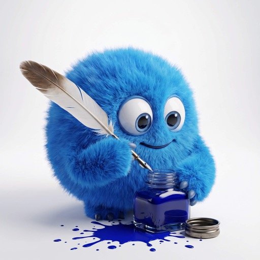 hYYa ink app icon — a blue mascot writing with a quill on a white background
