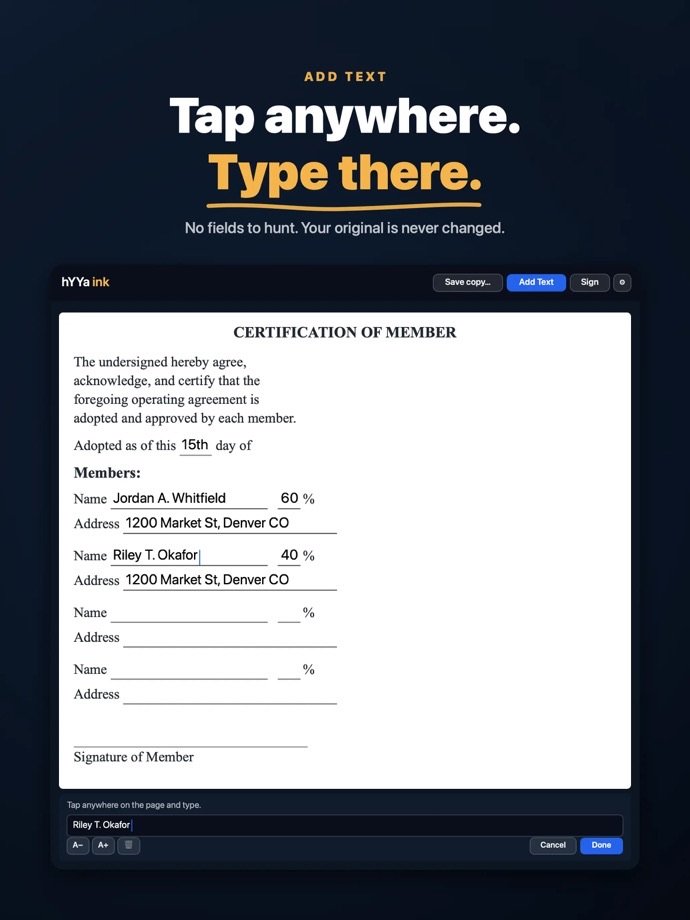 Adding text to a PDF in hYYa ink on iPadOS — tapping straight onto a certificate form to type, with no form fields to hunt for