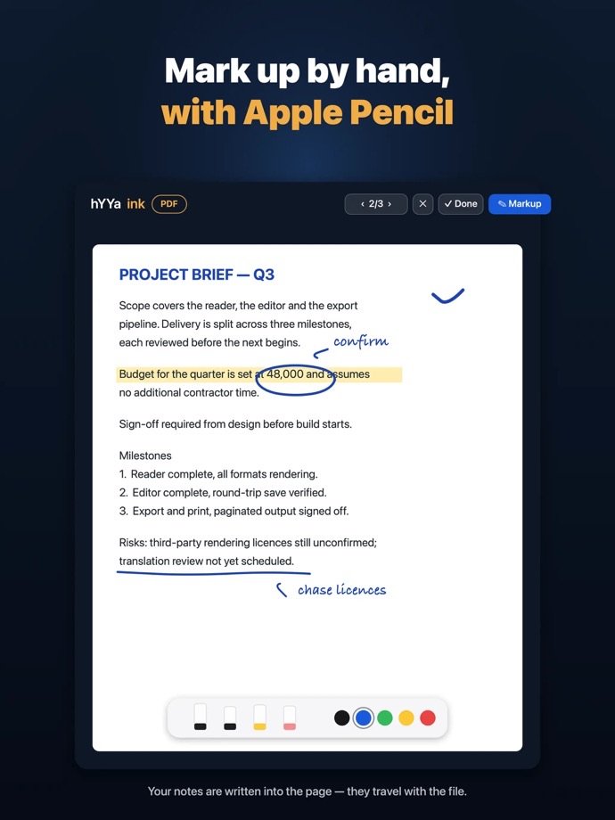Marking up a PDF by hand with Apple Pencil in hYYa ink on iPadOS — a highlighted budget line, a circled figure and handwritten notes, with the ink colour palette below