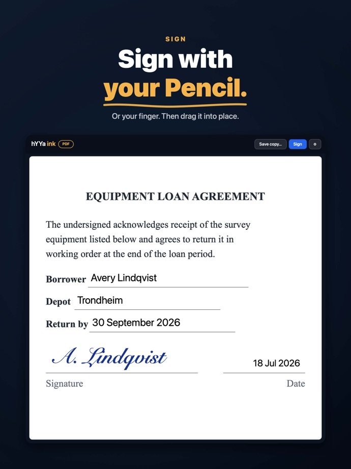 Signing a PDF in hYYa ink on iPadOS — a handwritten blue-ink signature drawn with Apple Pencil and dragged into place on an equipment loan agreement