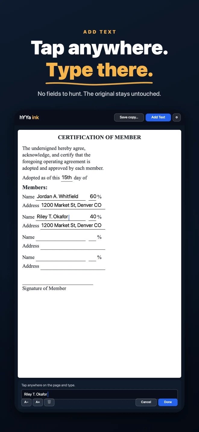 Adding text to a PDF in hYYa ink on iOS — tapping anywhere on a certificate form to type, leaving the original page untouched