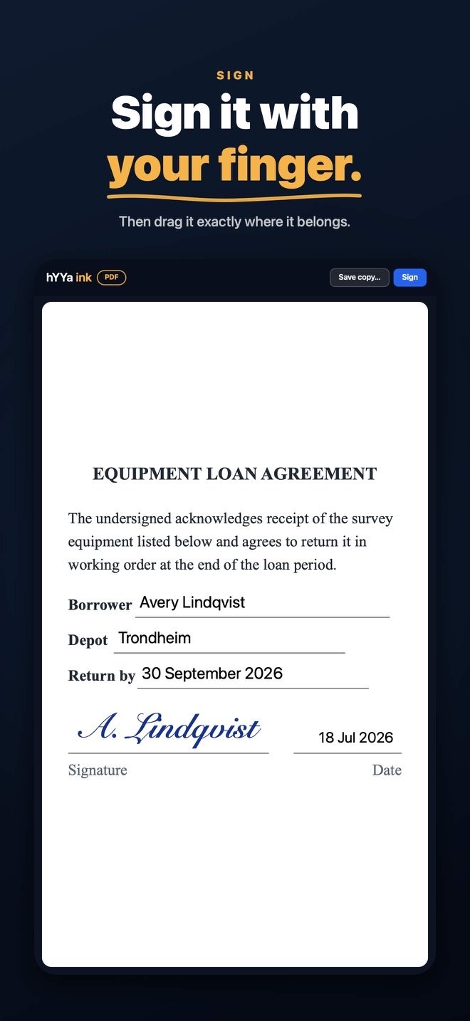 Signing a PDF in hYYa ink on iOS — a handwritten blue-ink signature drawn with a finger and dragged into place on an equipment loan agreement