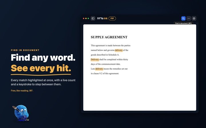 Find in document in hYYa ink on macOS — every occurrence of a word highlighted at once across the page
