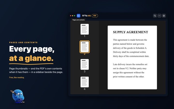 Pages and contents in hYYa ink on macOS — page thumbnails in a sidebar beside the page, with the current page highlighted; the PDF&rsquo;s own contents appear in the same sidebar when it carries them
