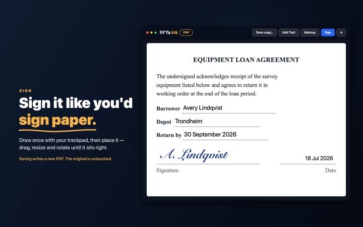 Signing a PDF in hYYa ink on macOS — a handwritten blue-ink signature drawn with a trackpad and placed on an equipment loan agreement, with Sign selected in the toolbar beside Add Text and Markup