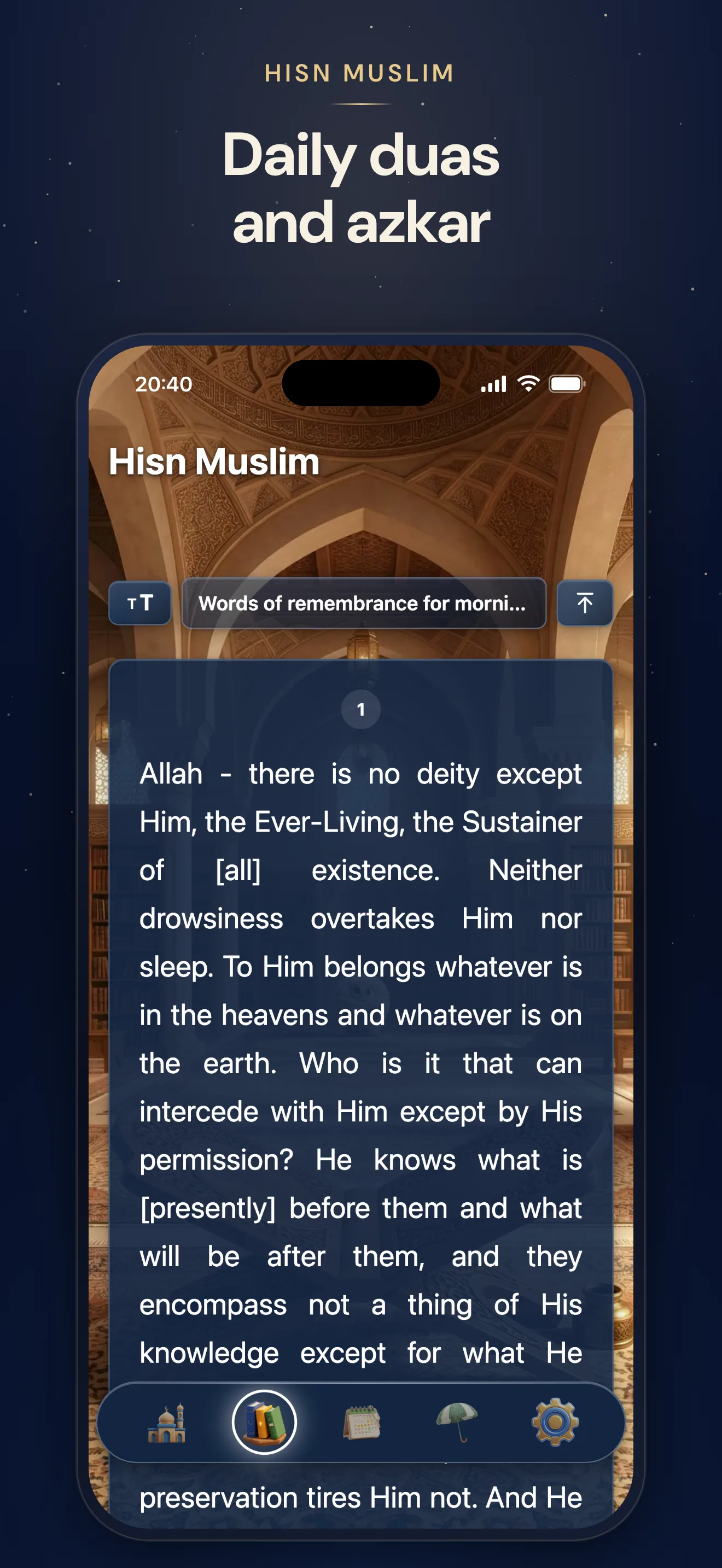 Hisn Muslim in hYYa Prayer Pal &mdash; the morning and evening remembrances, opening with Ayat al-Kursi in English