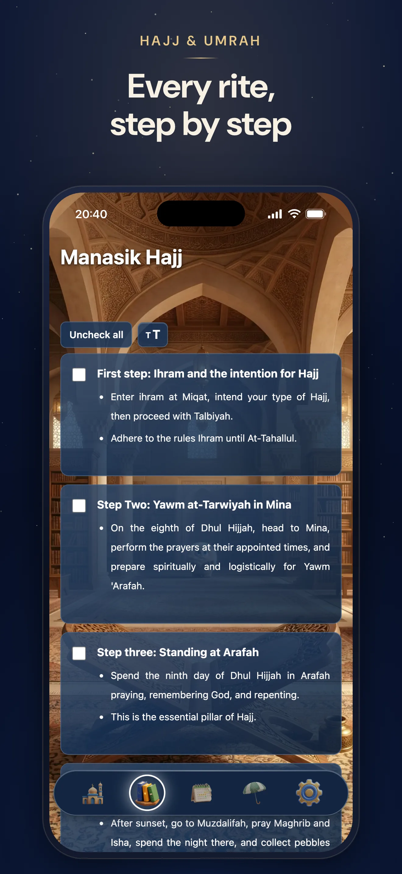 Manasik Hajj in hYYa Prayer Pal &mdash; the first steps of Hajj, from Ihram to Standing at Arafah, each with a checkbox
