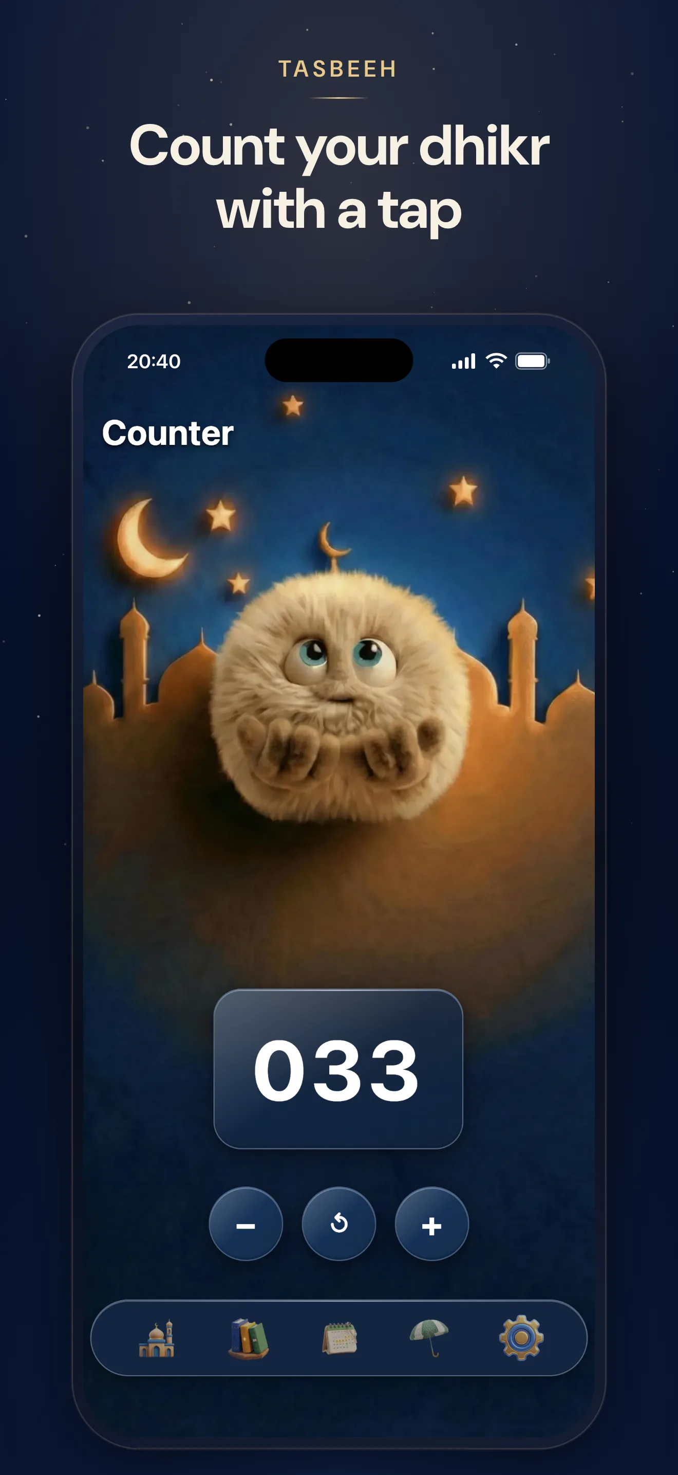 The Tasbeeh counter in hYYa Prayer Pal &mdash; the count 033 between minus, reset and plus buttons