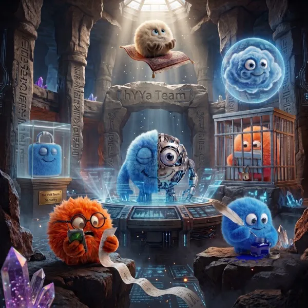 The hYYa studio characters together under a stone arch reading hYYa Team &mdash; a fluffy companion on a flying rug, a smiling cloud, a half-robot figure at a glowing console, one writing with a quill, and one reading a long receipt