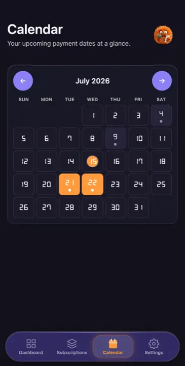 A month calendar in hYYa Subscriptions Tracker with upcoming renewal dates highlighted across July 2026