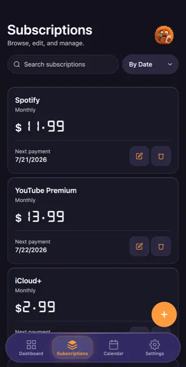 The subscriptions list in hYYa Subscriptions Tracker — Spotify, YouTube Premium and iCloud+ each showing their monthly price and next payment date, sorted by date