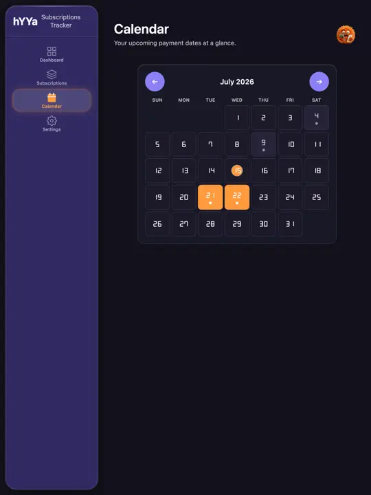 The renewal calendar in hYYa Subscriptions Tracker shown on a tablet screen