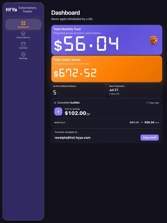hYYa Subscriptions Tracker on a tablet, with a side navigation rail beside the dashboard totals