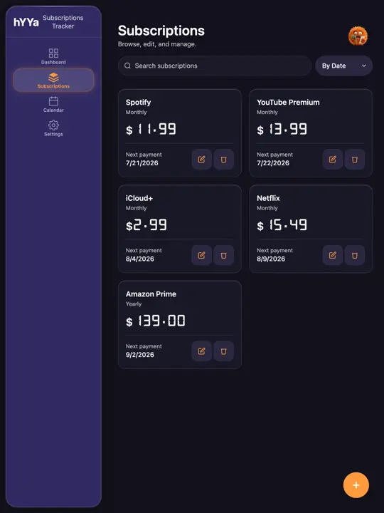 The tablet layout of the hYYa Subscriptions Tracker subscriptions list, showing more entries at once
