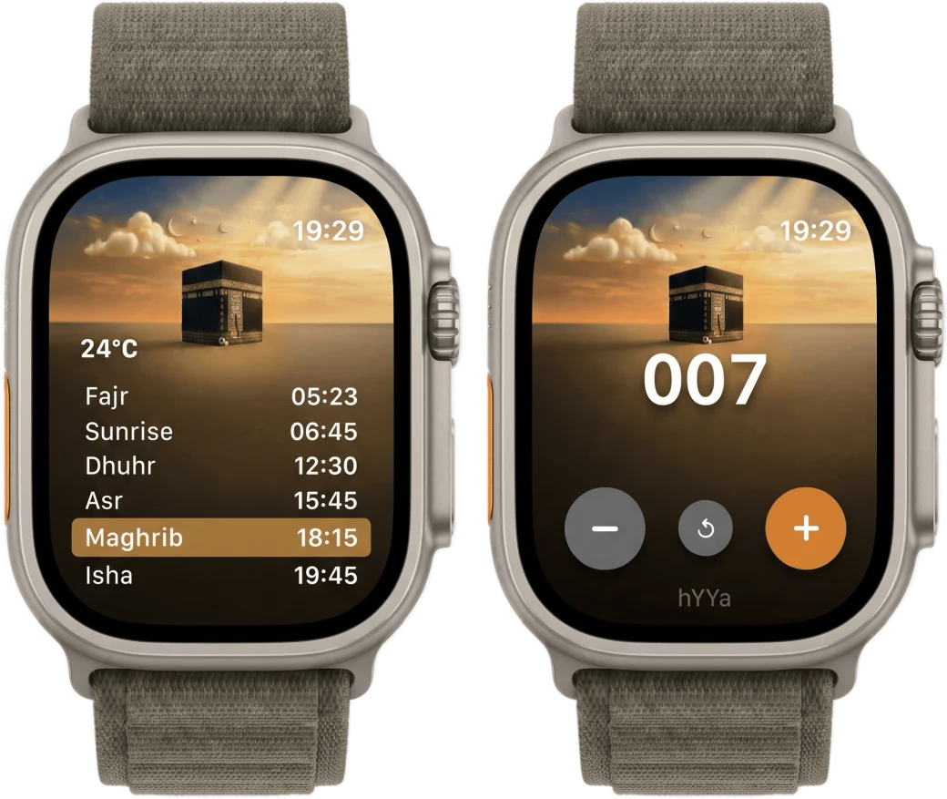 hYYa Prayer Pal on Apple Watch &mdash; the day&rsquo;s prayer times with Maghrib next and the current temperature, and the dhikr counter with its add, reset and subtract controls
