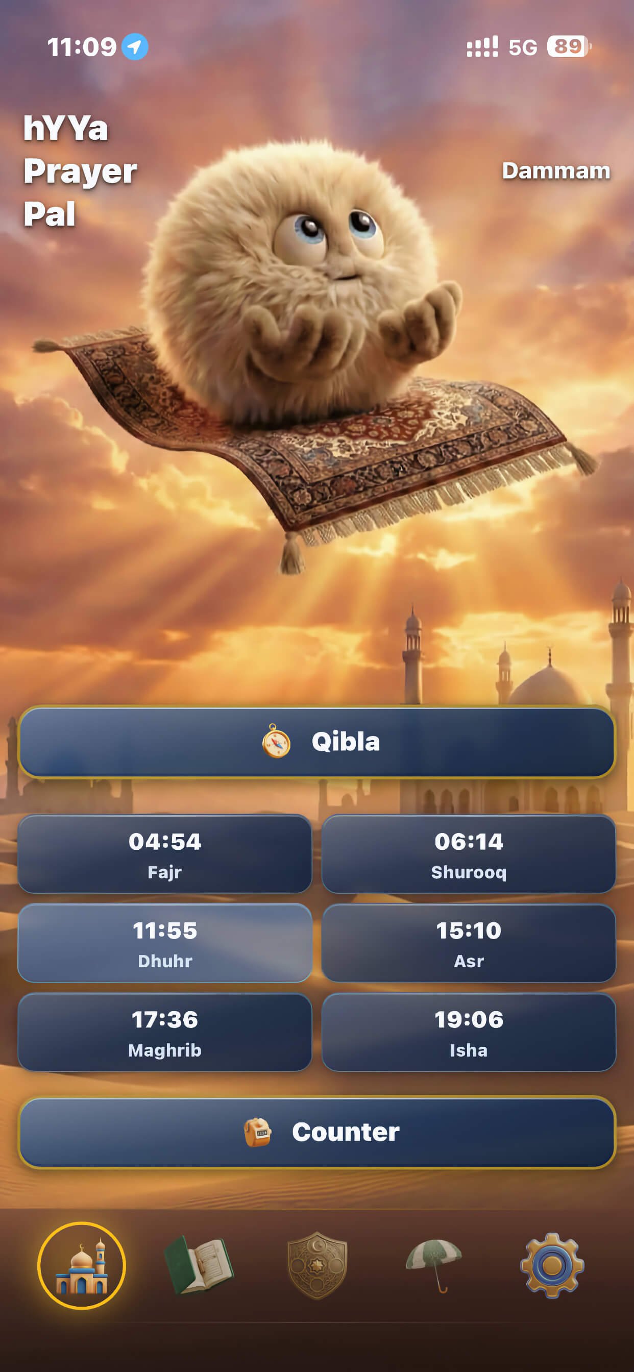 hYYa Prayer Pal prayer times app home screen