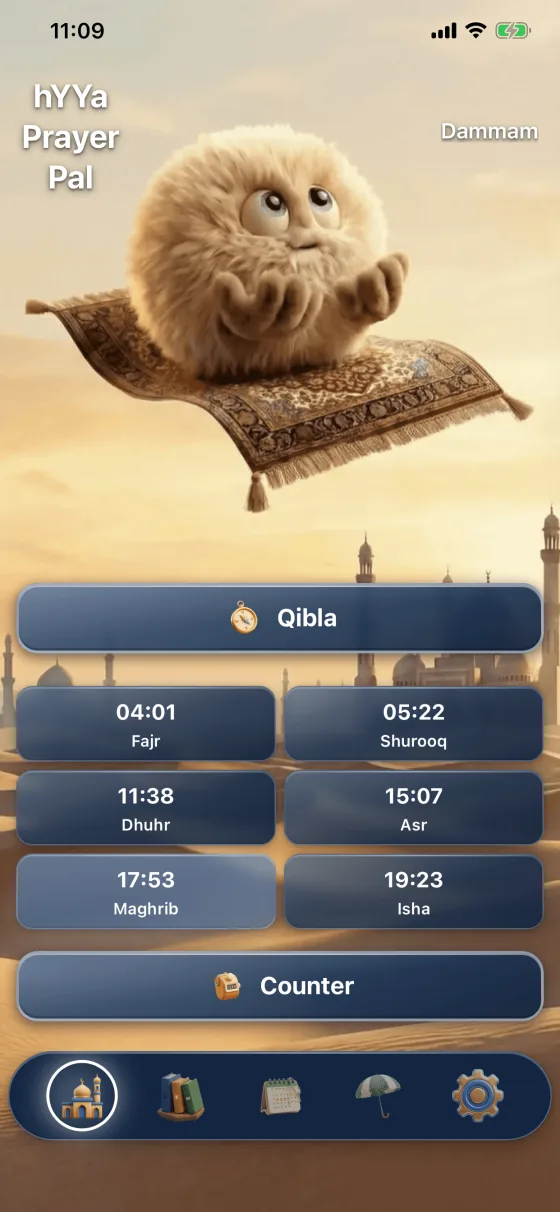 hYYa Prayer Pal&rsquo;s home screen for Dammam, showing the day&rsquo;s prayer times &mdash; Fajr, Shurooq, Dhuhr, Asr, Maghrib and Isha &mdash; above shortcuts to the Qibla compass and the counter
