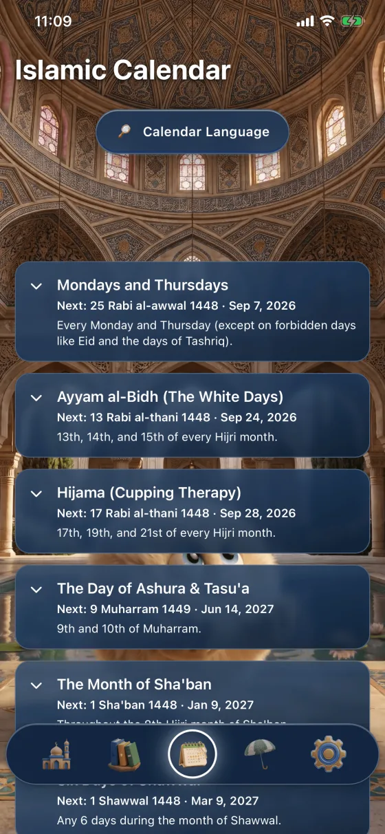 hYYa Prayer Pal&rsquo;s Islamic Calendar, listing Sunnah observances &mdash; the Mondays and Thursdays fast, the White Days, Hijama, Ashura and Tasu&rsquo;a, the month of Sha&rsquo;ban &mdash; each with the date it next falls on in both the Hijri and Gregorian calendars
