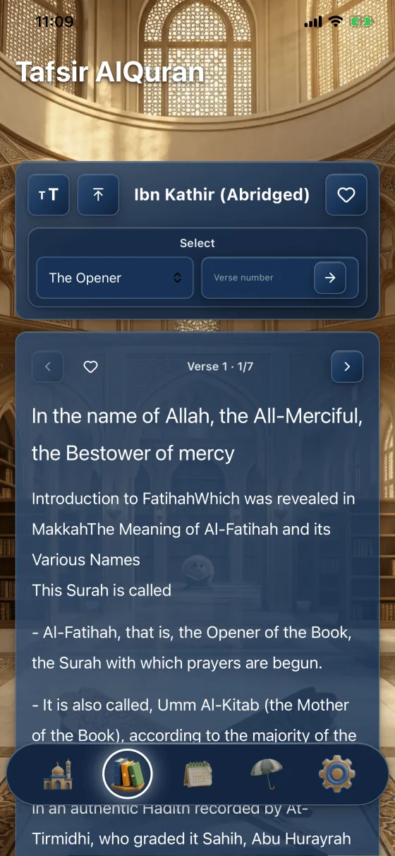 Tafsir of Al-Fatihah in hYYa Prayer Pal, showing Ibn Kathir&rsquo;s commentary on the first verse with controls to move between verses